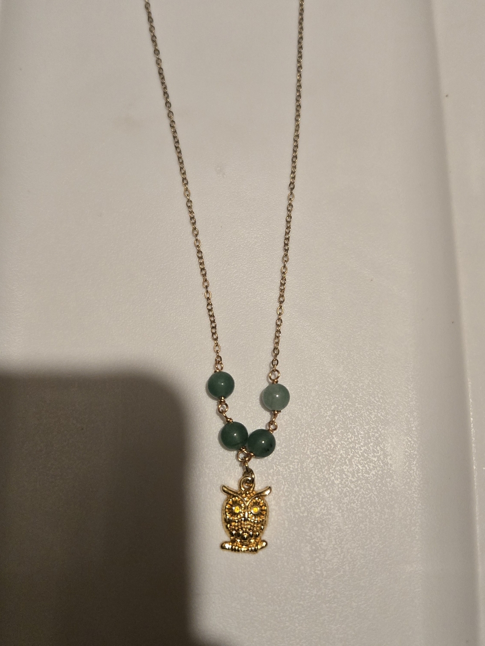 Gold Owl Pendant Necklace with Green Beads - Women's Jewelry